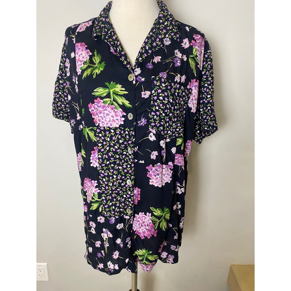 Vintage Carole Little Sport Floral Patchwork Button Down Shirt Black Purple 6
